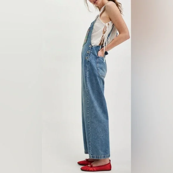 We The Free Blue Denim Overalls with Floral Pocket - Picture 3 of 11